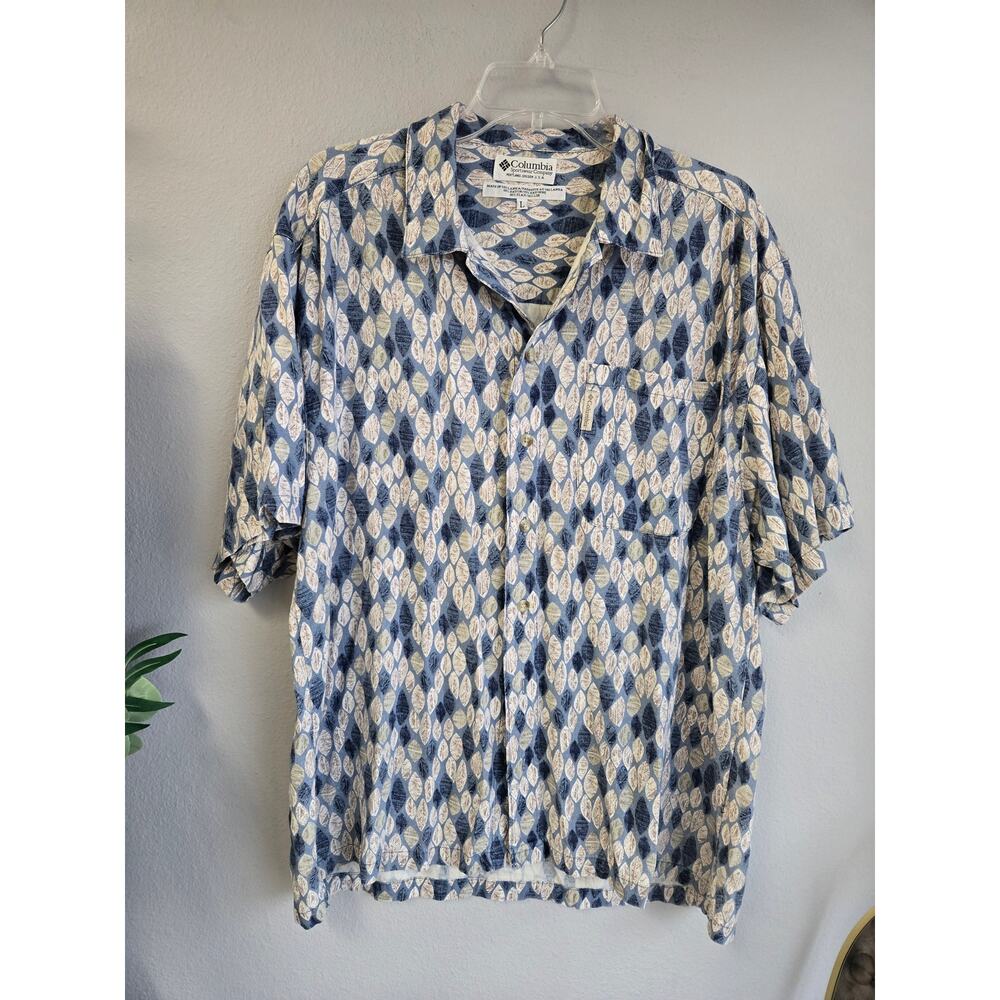 Columbia Leaf Print Rayon‎ Flax Blend Short Sleeve Button Down Shirt L